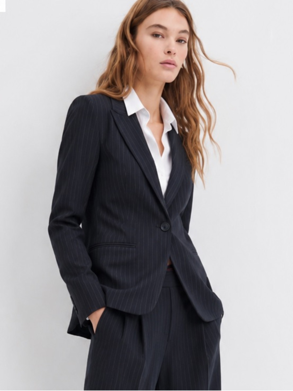 Norma Kamali Black Indigo Pinstripe Stretch Blazer Size 18 Tailored Career